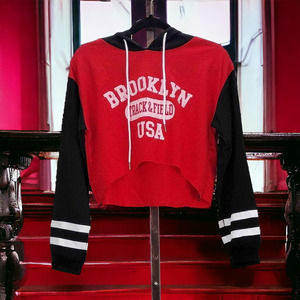 Brooklyn Track and Field Red Spell Out Dip Hem Striped Sleeve Hoodie Size M